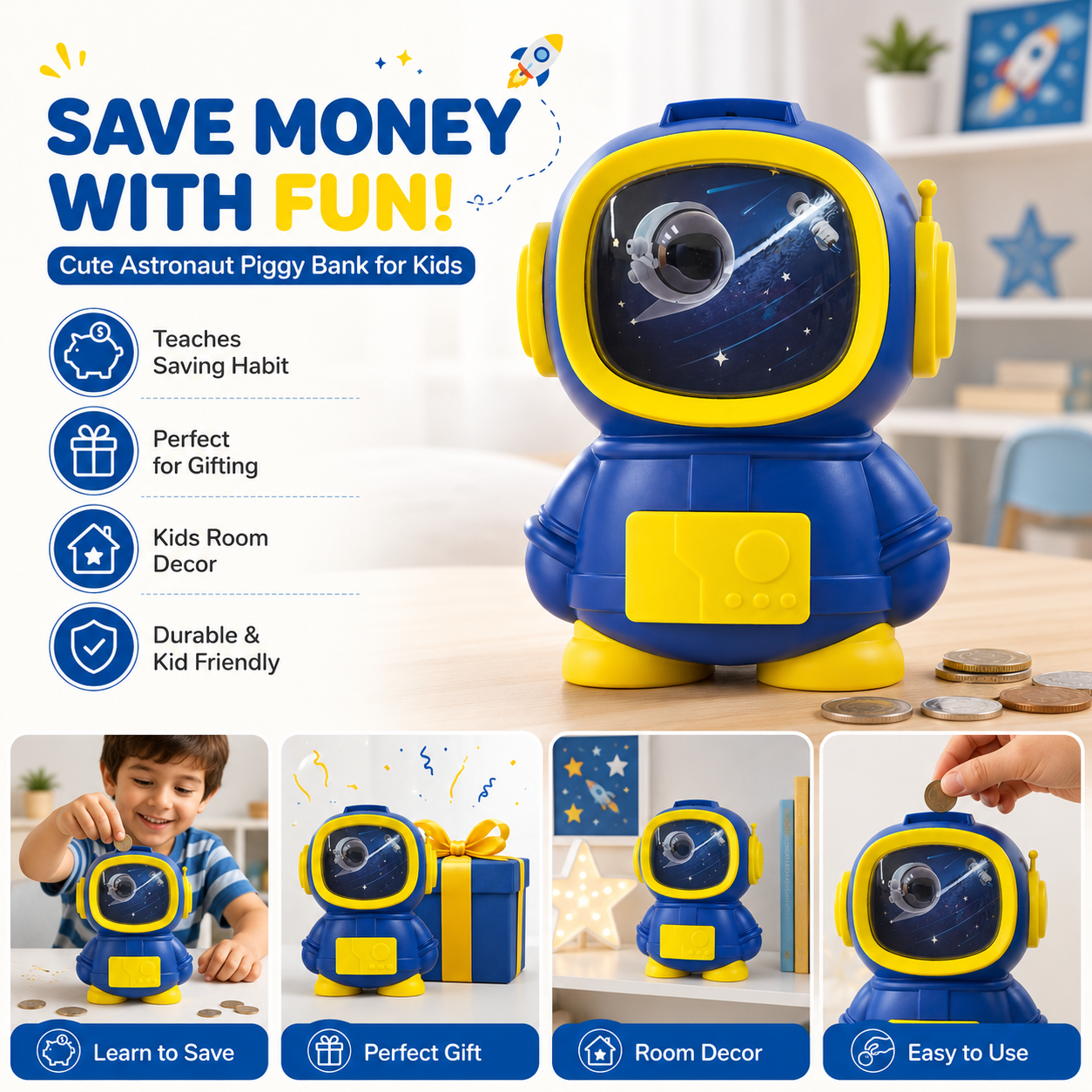 Astronaut Piggy Bank for Kids – Blue & Yellow Space Saving Bank