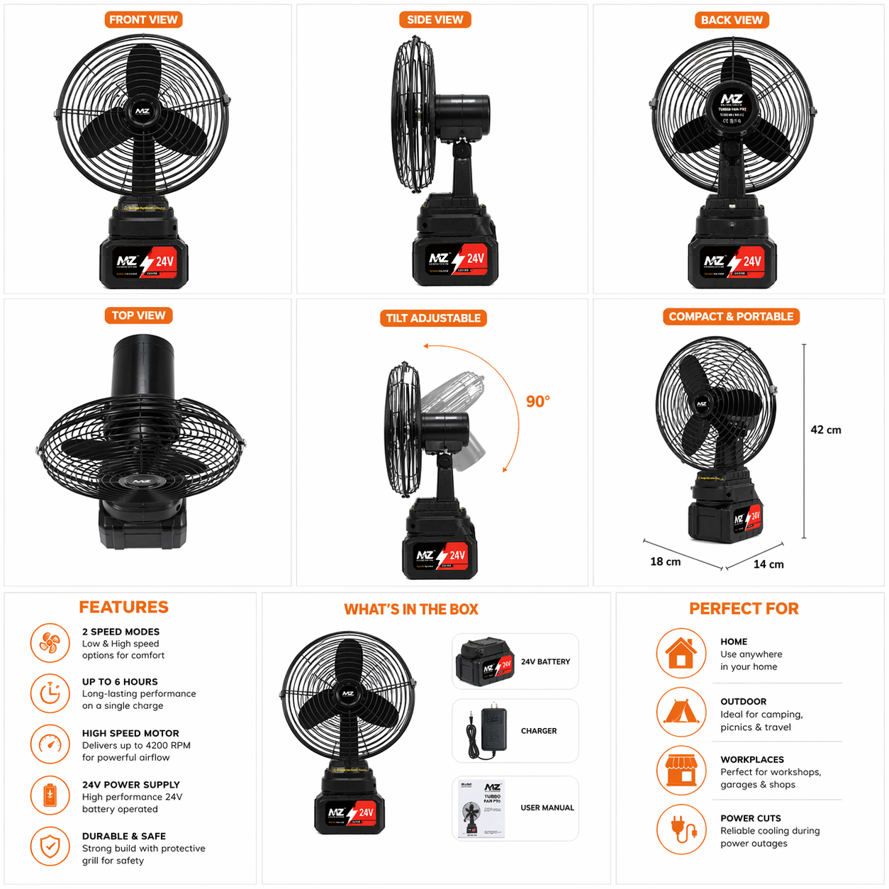 MZ F92 Turbo Electric Fan (24V Battery Powered) | High-Speed 4200 RPM Portable Fan with 2 Speed Modes & 6H Backup