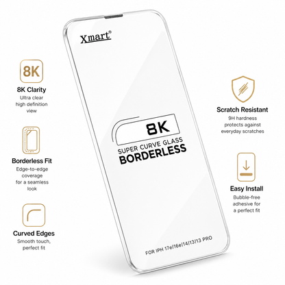 Buy Xmart 8K borderless super curve tempered glass for iPhone. HD-clear edge-to-edge coverage, smooth touch and easy installation. Shop online in India.