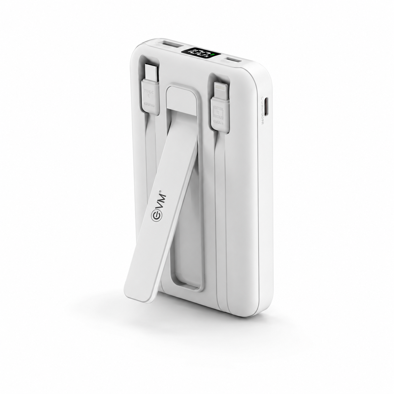 EVM EnMag 17 Pro 10000mAh Wireless Power Bank with Built-in Cables, 22.5W Fast Charging, 15W Magnetic Wireless Output & Foldable Stand – White