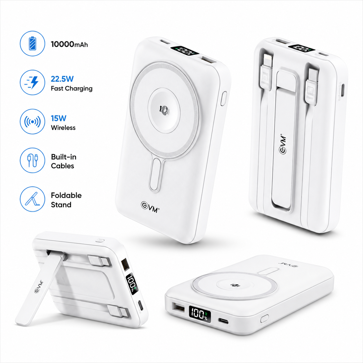EVM EnMag 17 Pro 10000mAh Wireless Power Bank with Built-in Cables, 22.5W Fast Charging, 15W Magnetic Wireless Output & Foldable Stand – White