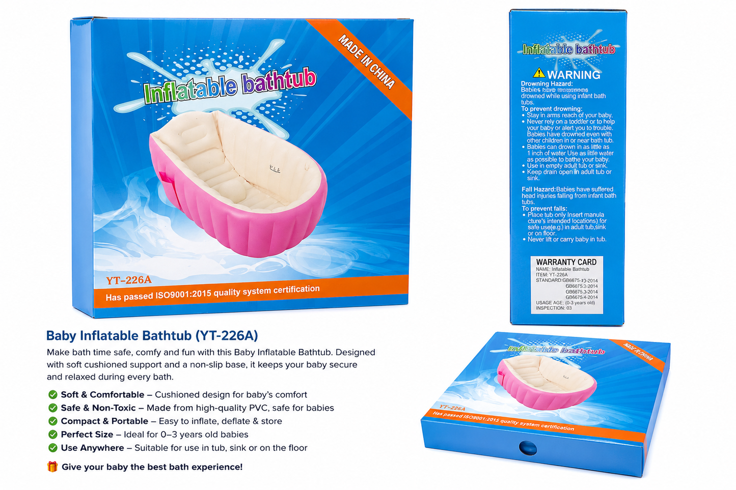 Baby Inflatable Bathtub YT-226A | Soft & Safe PVC Bath Tub for Babies