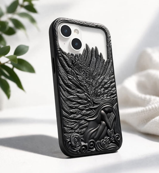 Premium 3D Angel Wing Designer Mobile Case | Shockproof Luxury Back Cover for iPhone | Matte Black Artistic Phone Case