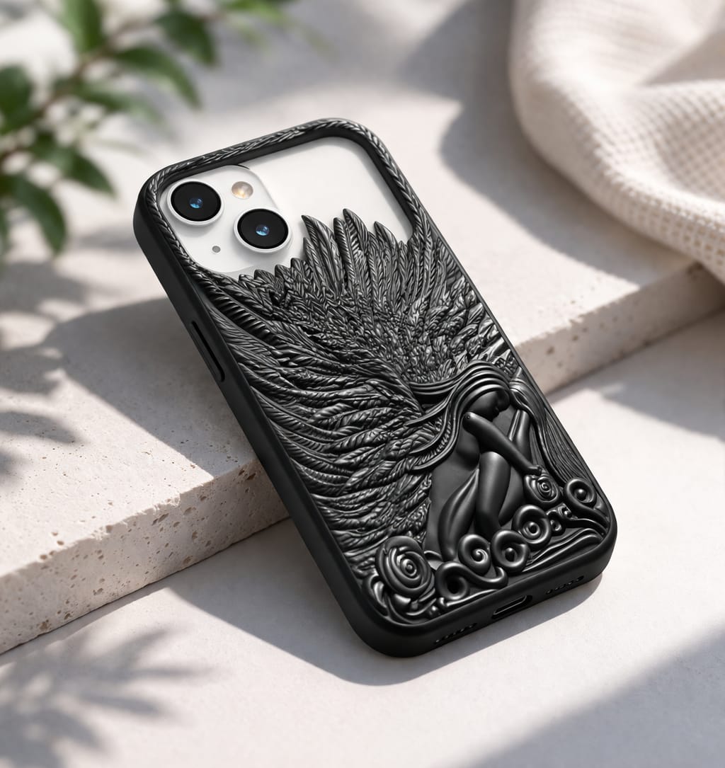 Premium 3D Angel Wing Designer Mobile Case | Shockproof Luxury Back Cover for iPhone | Matte Black Artistic Phone Case