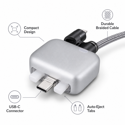 USB-C Auto Eject Charging Adapter with Durable Braided Cable, Compact Fast Charging Connector for Type-C Devices