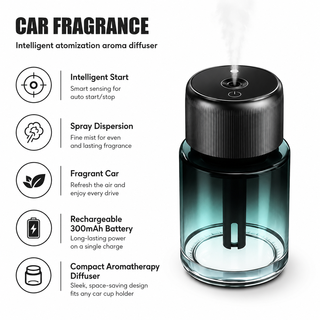 Car Fragrance Intelligent Atomization Aroma Diffuser for Car with Spray Dispersion, Intelligent Start & Rechargeable 300mAh Battery