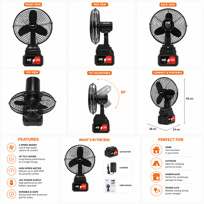 MZ F92 Turbo Electric Fan (24V Battery Powered) | High-Speed 4200 RPM Portable Fan with 2 Speed Modes & 6H Backup