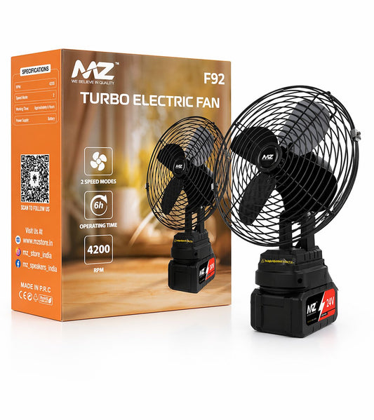 MZ F92 Turbo Electric Fan (24V Battery Powered) | High-Speed 4200 RPM Portable Fan with 2 Speed Modes & 6H Backup